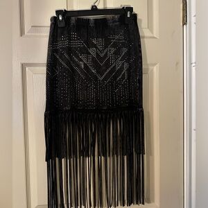 Dark Brown Silver Rhinestone Sequin Tribal Western Patterned Fringe Pencil Skirt